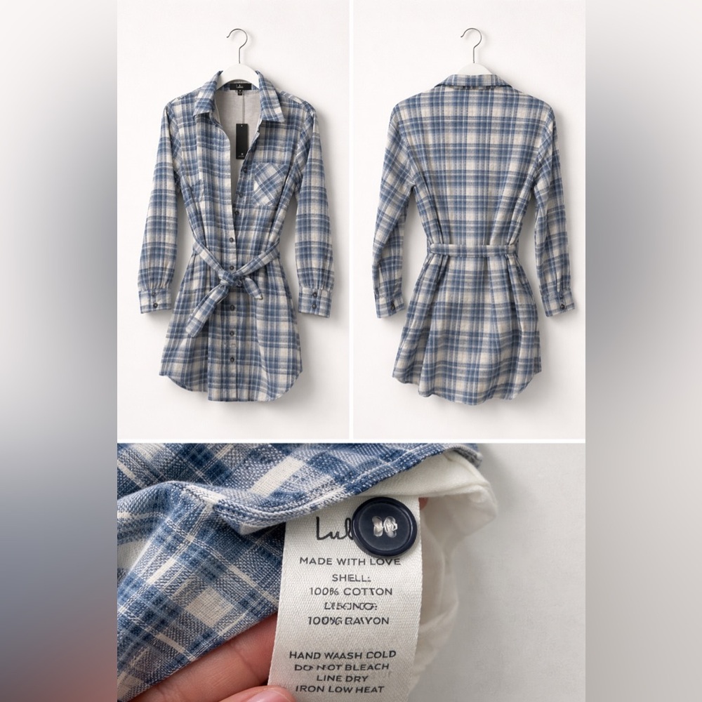 Lulu's Blue and White Plaid Long Sleeve Dress